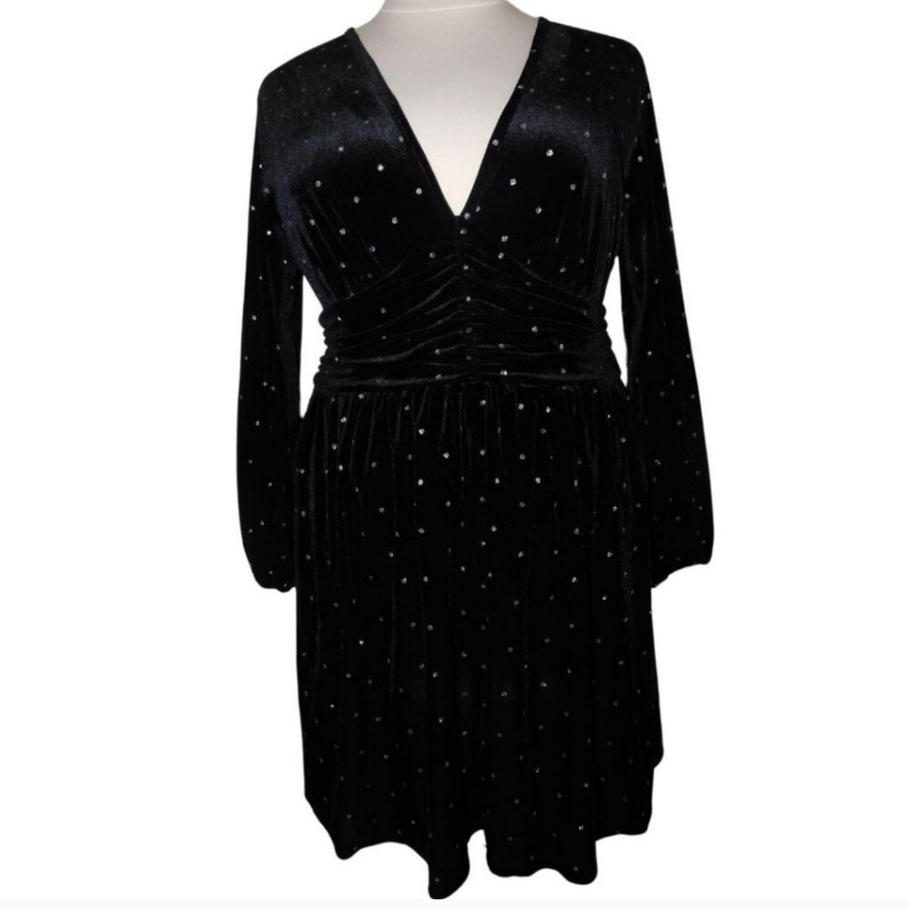 Bloomchic Velvet Empire Waist A-Line Dress Low V-Neck Elastic Cuffs Sexy